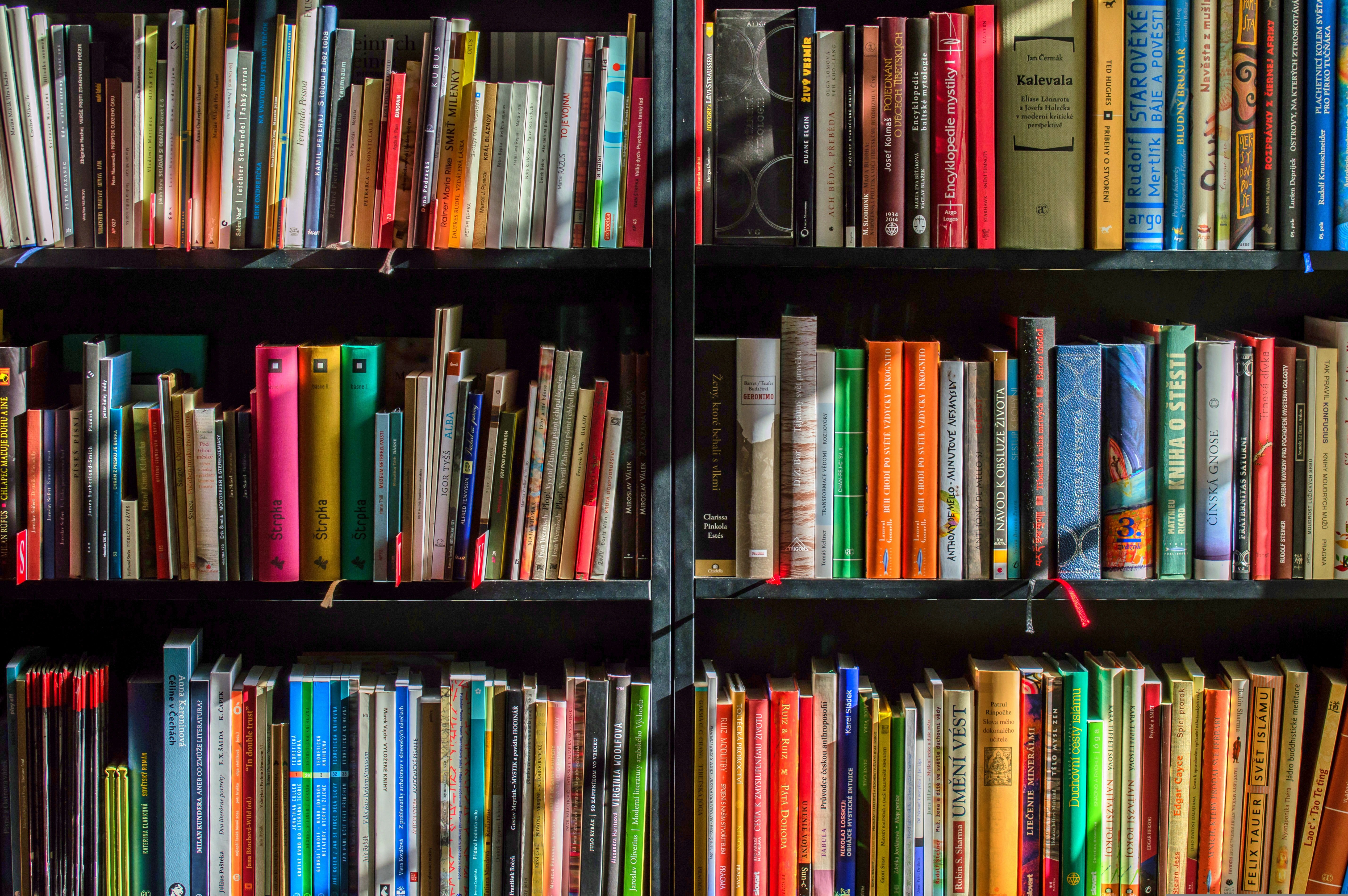 An image of a book shelf with many colorful books